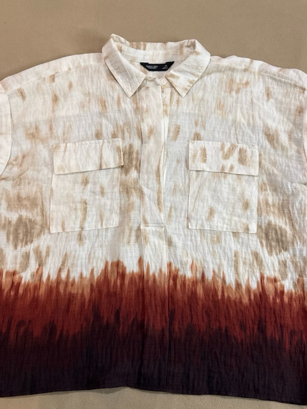 Simply Vera Vera Wang Women's Ombre Tie-Dye Blouse - White Brown Burgundy